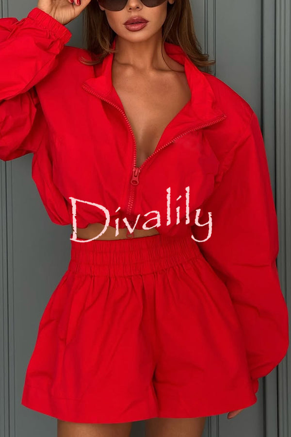 Solid Color Lapel Long-sleeved Loose Zipper Jacket and Elastic Waist Casual Shorts Set