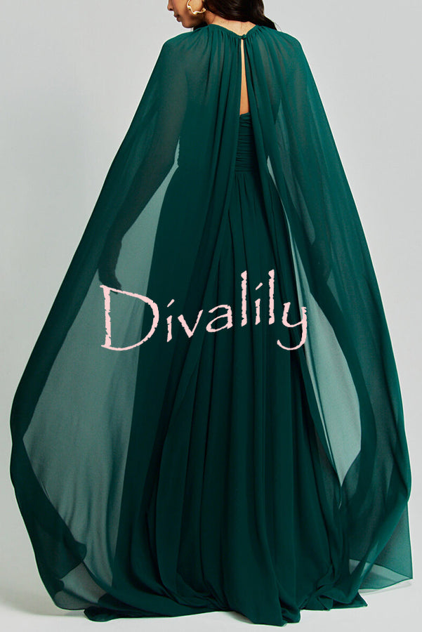 Romantic Party Chiffon Off Shoulder Sweetheart Neck Ruched Cape Maxi Dress
