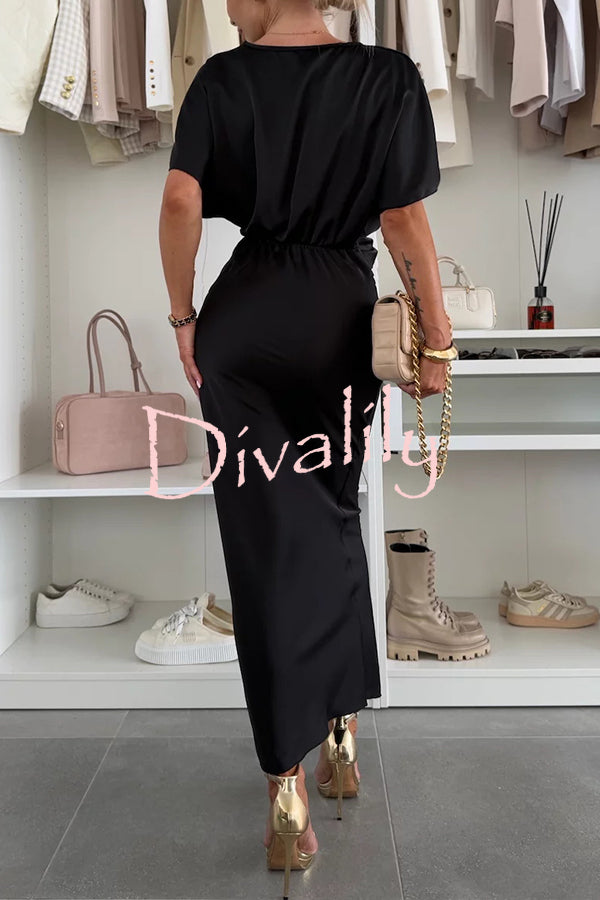 Satin Solid Color V-neck Cross Knot Slim Maxi Dress