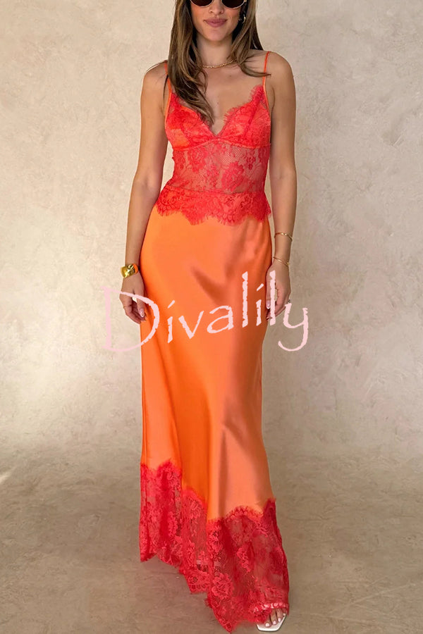 Elegant Evening Satin Lace Patchwork See-through Waist Slip Maxi Dress