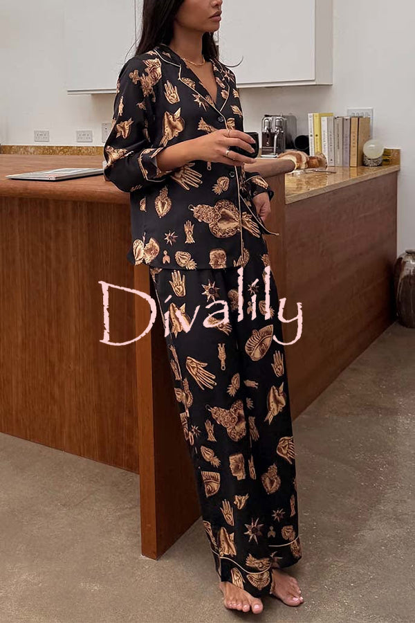 Golden Night Unique Print Color-block Trim Loose Shirt and Elastic Waist Pocketed Pajama Set