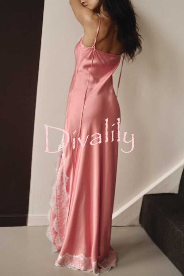 Breezy City Fall SatinLace Petal Trim Slip Tie-up H-line Slit Maxi Dress