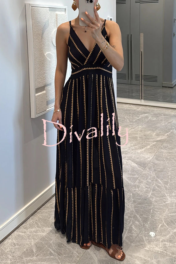 Striped Printed Suspender V-Neck Full Hem Loose Holiday Maxi Dress