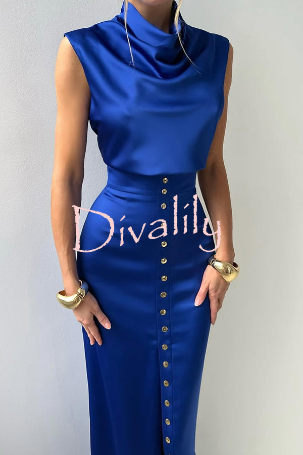 Solid Color Casual Sleeveless Crop Top and Elegant Button-down Maxi Skirt Set