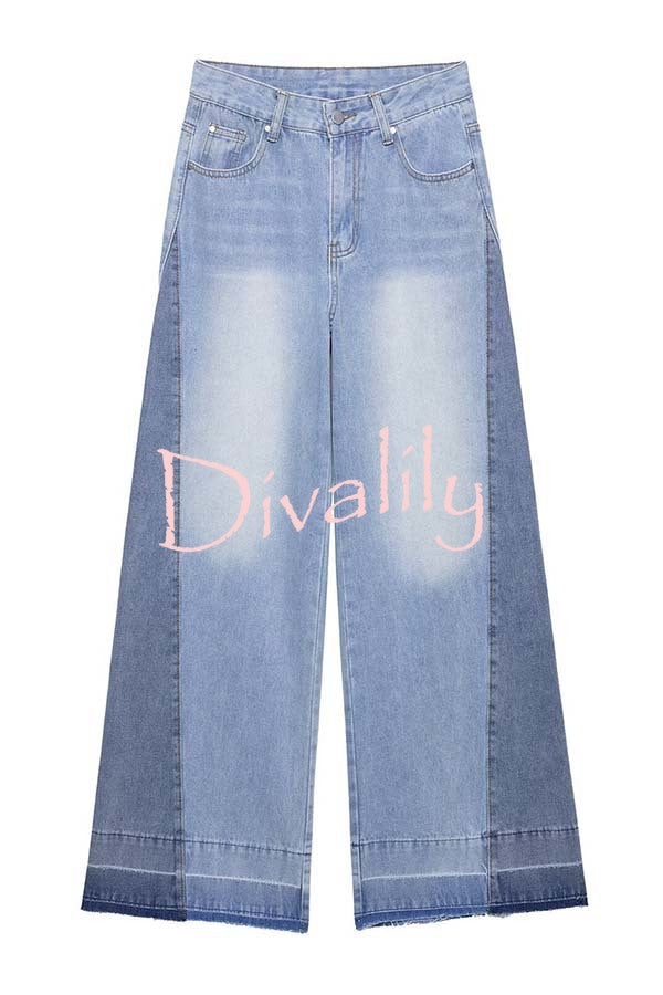 Ellison Denim Side Colorblock High Rise Pocket Wide Leg Jeans
