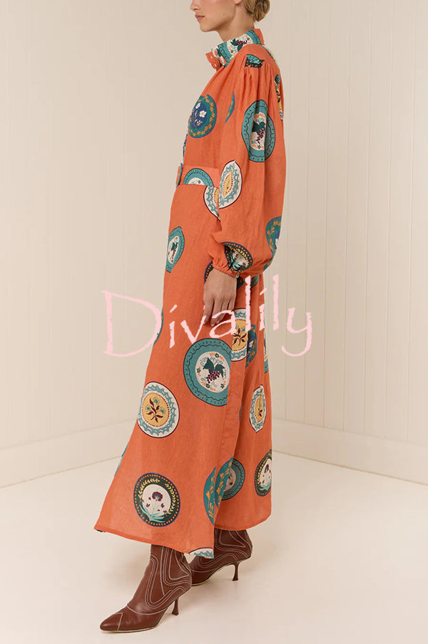 Linen Blend Unique Print Belted Single-breasted Casual Maxi Dress
