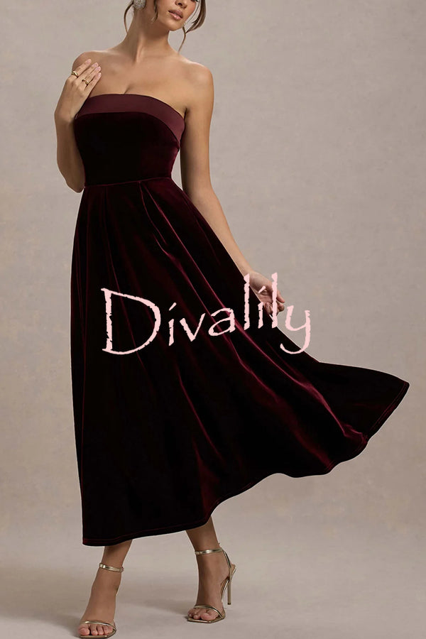 Center of Attention Velvet Satin Neck Bandeau Pleated Midi Dress