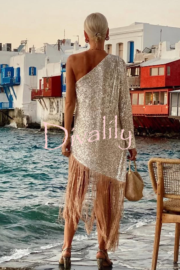 Anika Sequin One Shoulder Sleeve Tassel Hem H-line Midi Dress