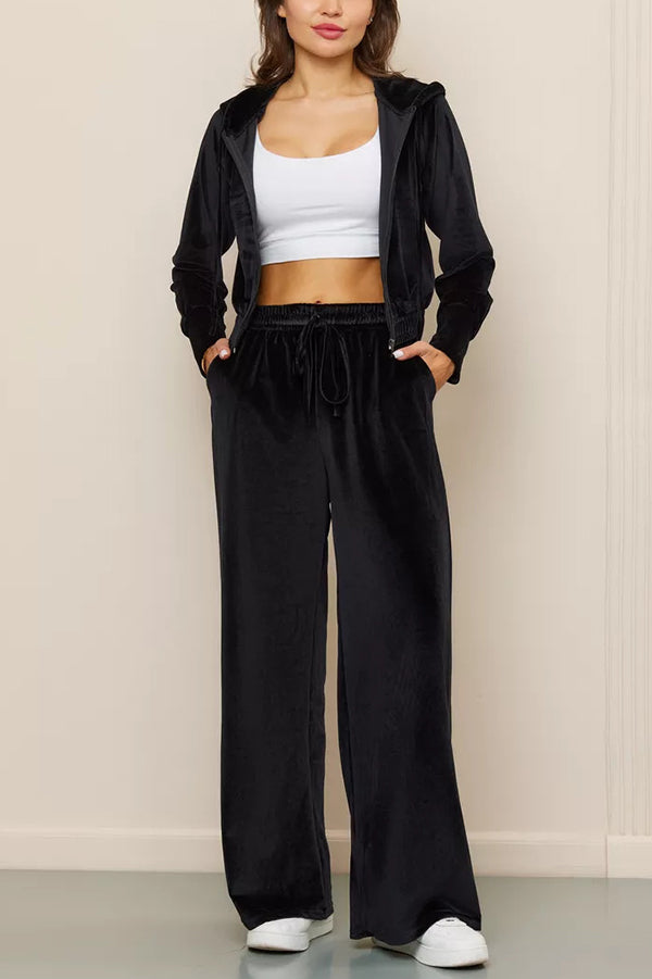 Solid Color Velvet Hooded Zip-up Sweatshirt and Elastic Waist Casual Pocket Straight-leg Pants Set