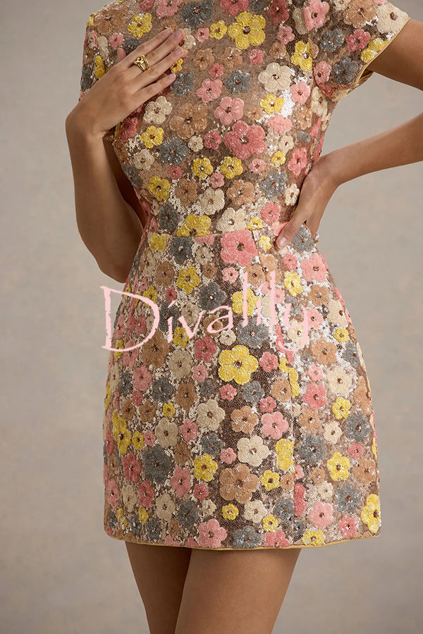 80's Inspired Floral Print Sequin Short Sleeve Stretch Mini Dress