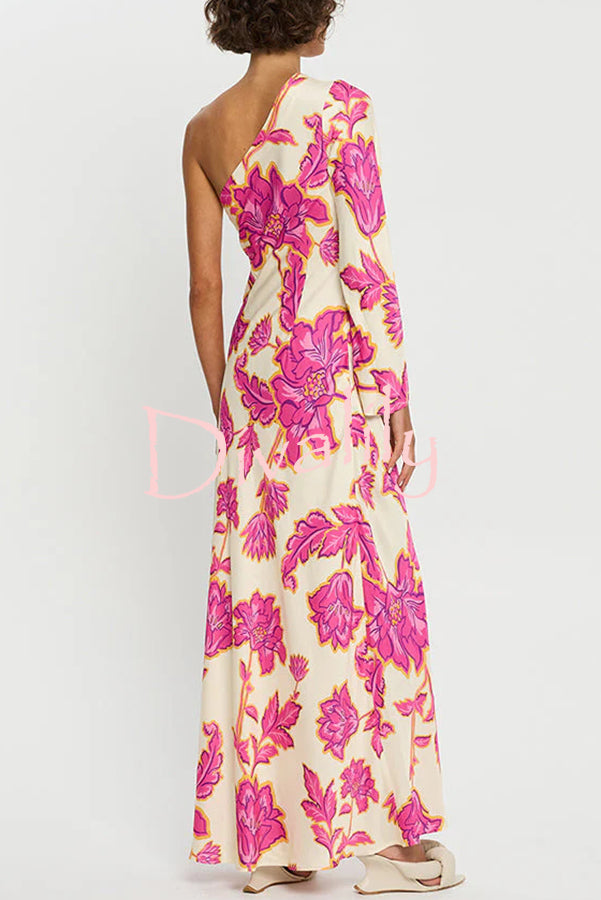 Rhia Satin Floral Print One Shoulder Flared Maxi Dress