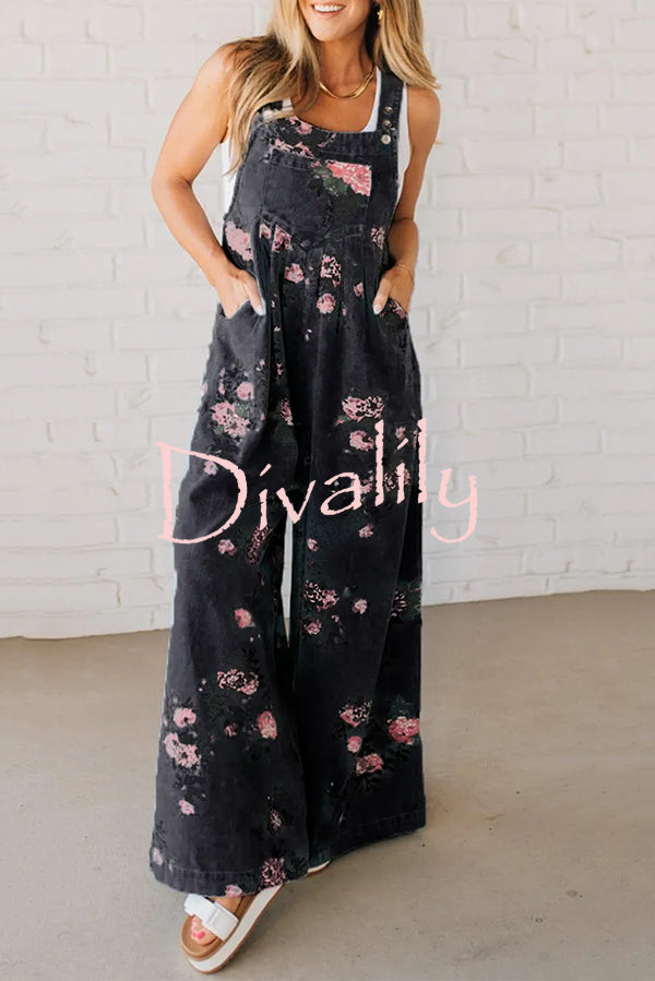 Fashion Floral Print Casual Button Pocket Loose Denim Overalls
