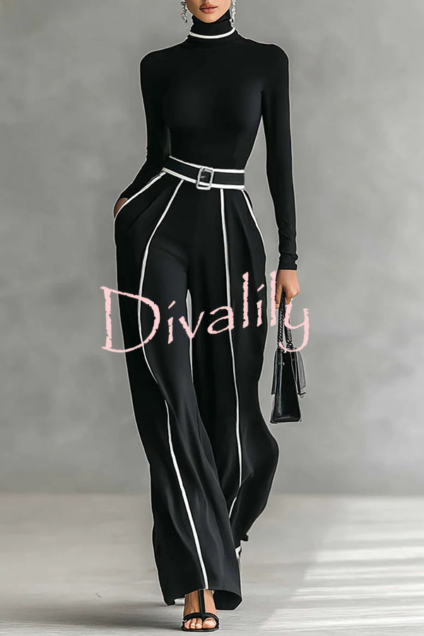 Fashionable Slim-fit Long-sleeved Turtleneck Top and Casual Pocket Pants Set