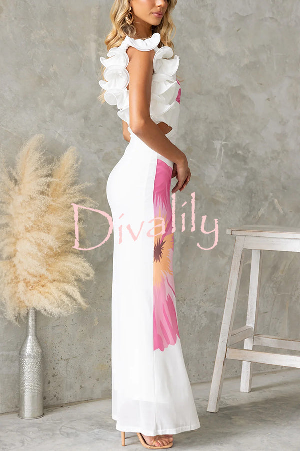 Floral Print One-shoulder Fitted Mesh Maxi Dress