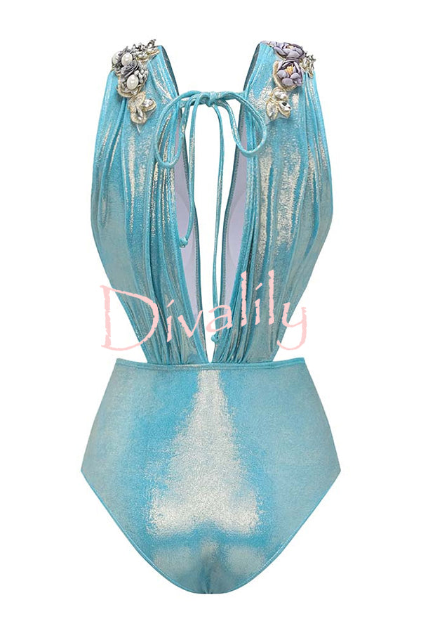 Solid Color Shiny Fabric Deep V Metal Embellished Stretch One-piece Swimsuit