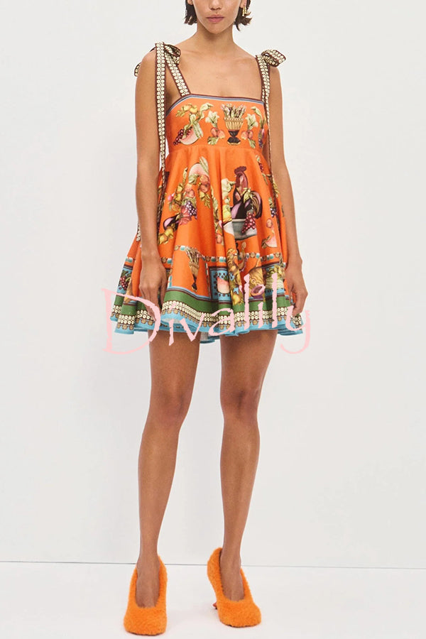 Linen Blend Unique Print Suspender Tie Casual Mini Dress
