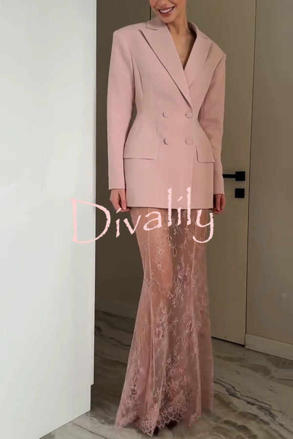Solid Color Lapel Long Sleeve Waist Double-breasted Blazer