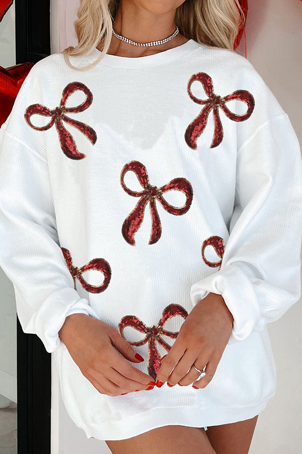 Christmas Red Bow Sequin Loose Casual Long-sleeved Sweatshirt