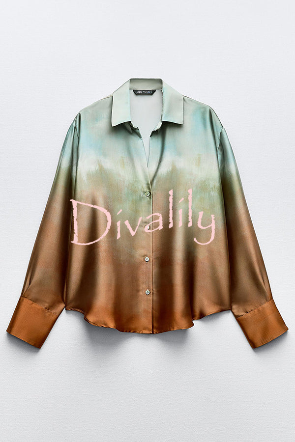 Fashionable Gradient Print Lapel Long Sleeve Casual Shirt