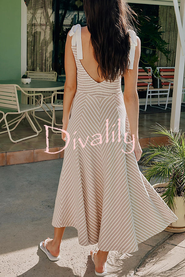 Striped Print V-Neck Lace-Up Backless Holiday Midi Dress