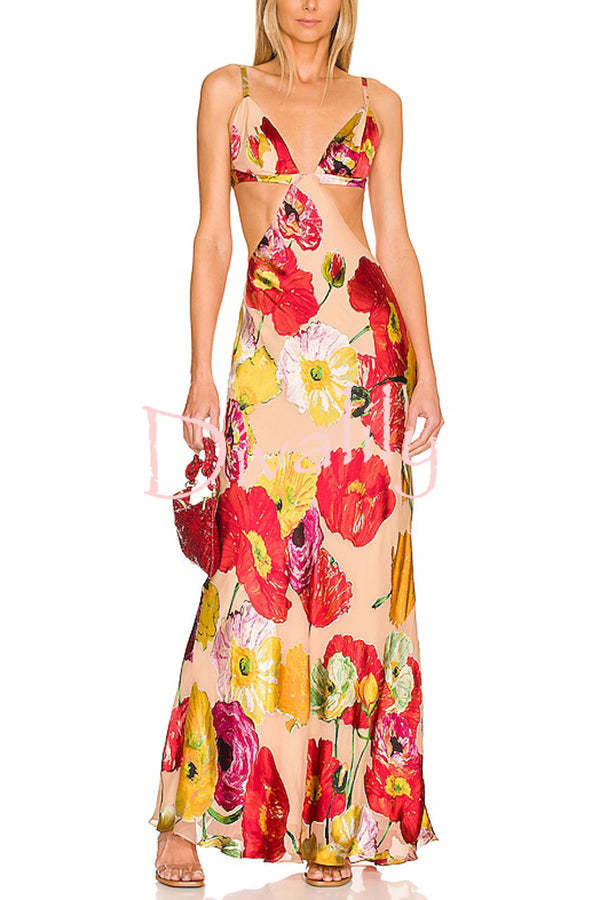 Hawaiian Dreams Satin Floral Print Cutout Backless Maxi Dress