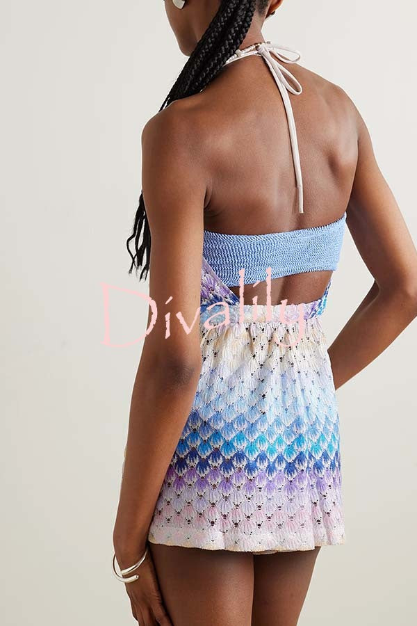 Wave Waves Knit Colorful Zigzag Pattern Halter Neck Backless Loose Romper