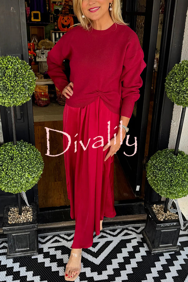 Practical Fashion Knit Ruched Sweater and Satin Stretch Tank Midi Dress Two-piece Set