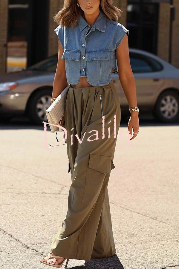 Stylish Weekend Denim Button Up Cape Sleeve Pocket Crop Top