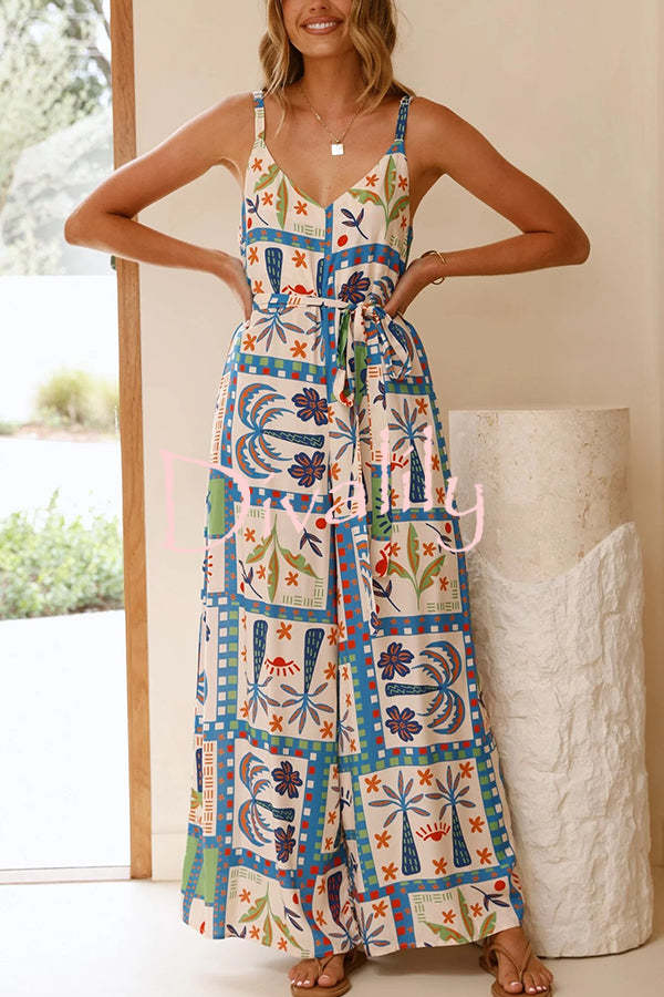 Unique Beach Vacation Print V-neck Suspenders Casual Wide-leg Jumpsuit