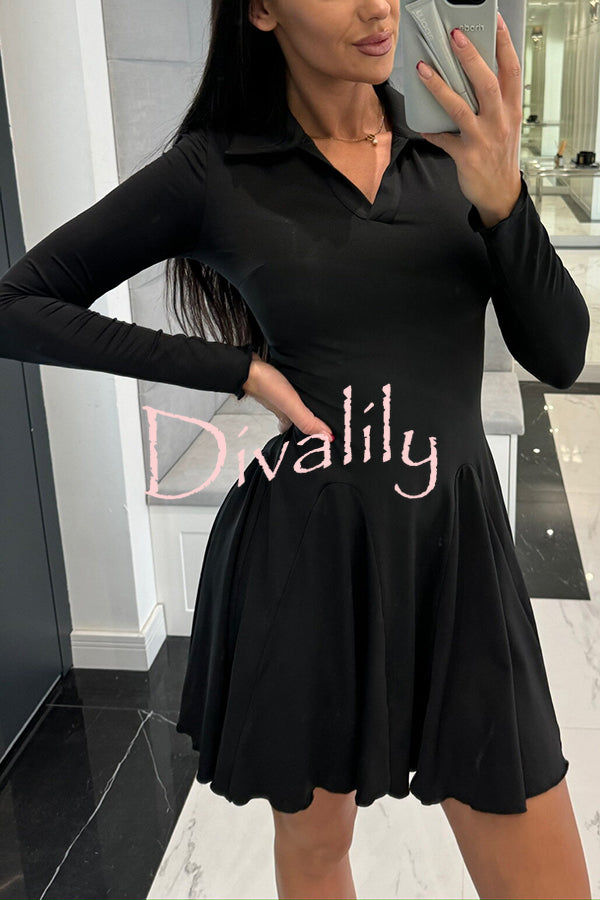 Solid Color Lapel Long Sleeve Slim Fit Waist Mini Dress