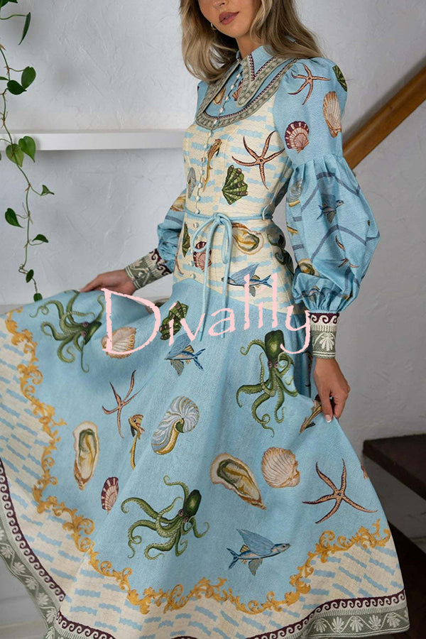 Ocean Print Lapel Button Waist Tie Resort Maxi Dress
