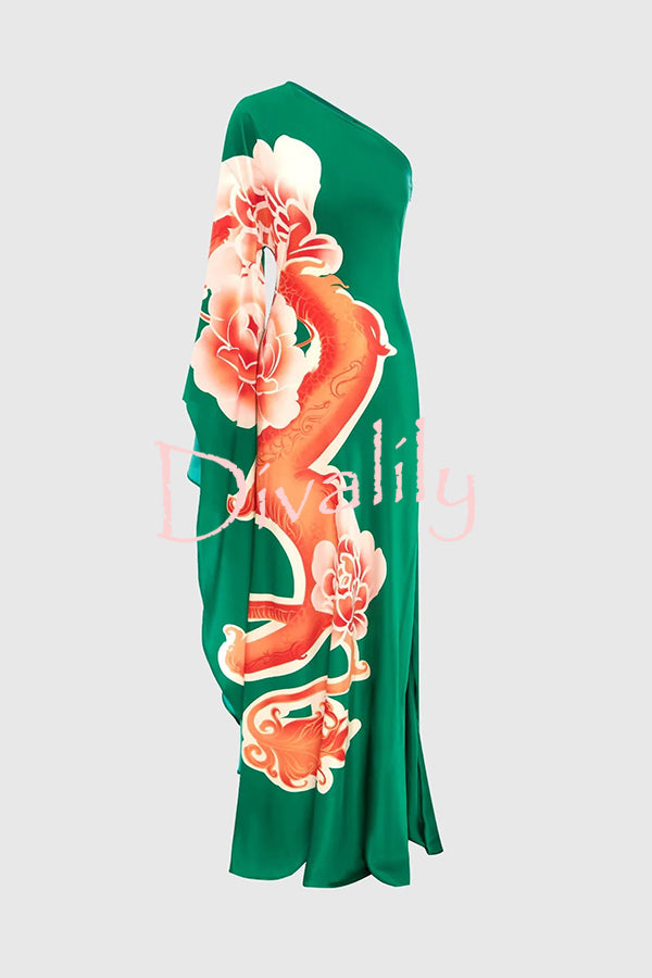 Elegance and Grace Satin Dragon Print One Shoulder Drape Sleeve Maxi Dress