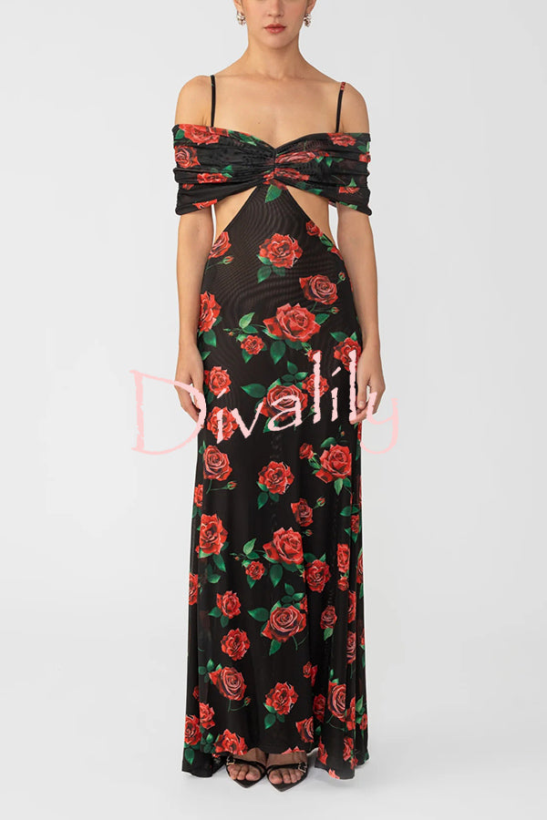 Rose Print Sexy Strapless Backless Slim Maxi Dress