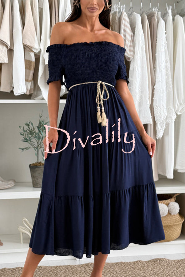 Solid Color Off-the-shoulder Pleated Waist Midi Dress