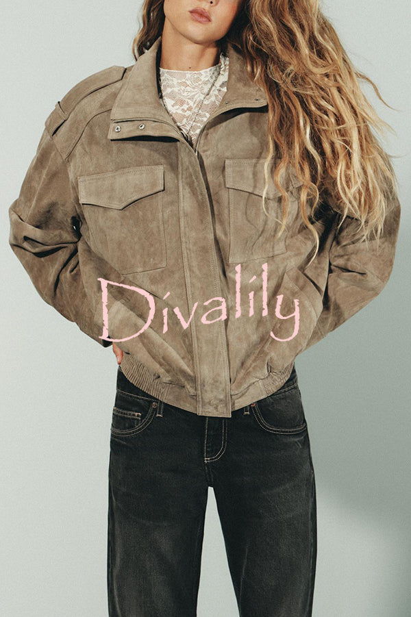 Fashionable Suede Loose Pocket Leather Jacket