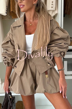 Fashion Style Button Long Balloon Sleeve Pocket Lapel Casual Bomber Jacket