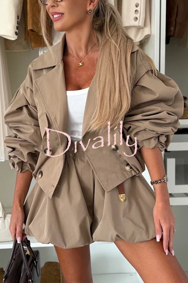 Fashion Style Button Long Balloon Sleeve Pocket Lapel Casual Bomber Jacket