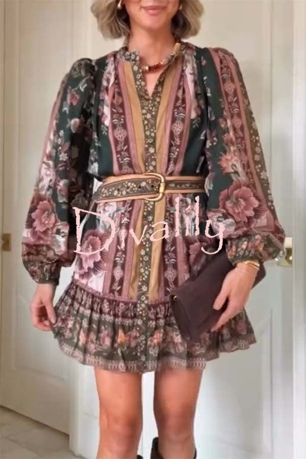 Brazilian Style Unique Floral Print Puff Sleeve Belted Pleated Hem Mini Dress