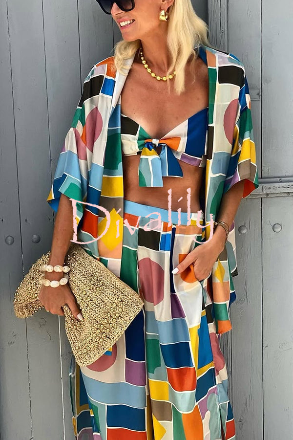 Summer Colors Printed Kimono + Knotted Tank + Elastic Waist Pocket Three-pieces Pants Set