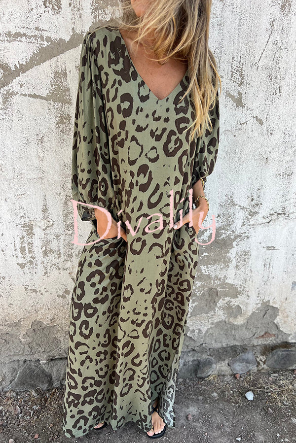 Leopard Print Loose V-neck Pocket Holiday Style Maxi Dress