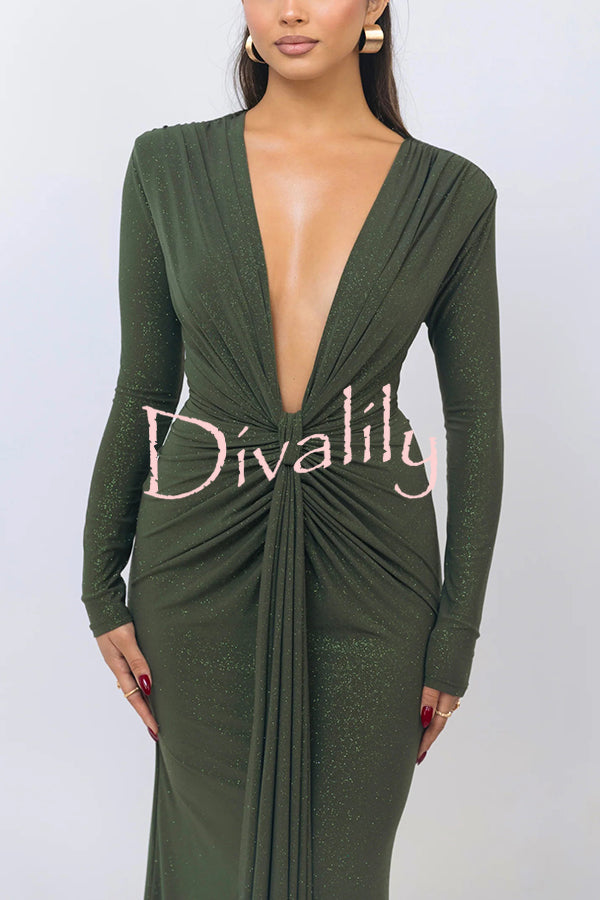 Solid Color Shiny Sexy V-neck Long Sleeve Ribbon Slit Slim Fit Maxi Dress