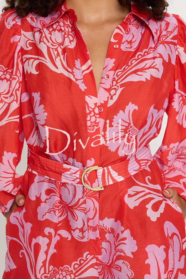Linen Blend Botanical Print Lapel Puff Sleeve Loose Tie Casual Rompers