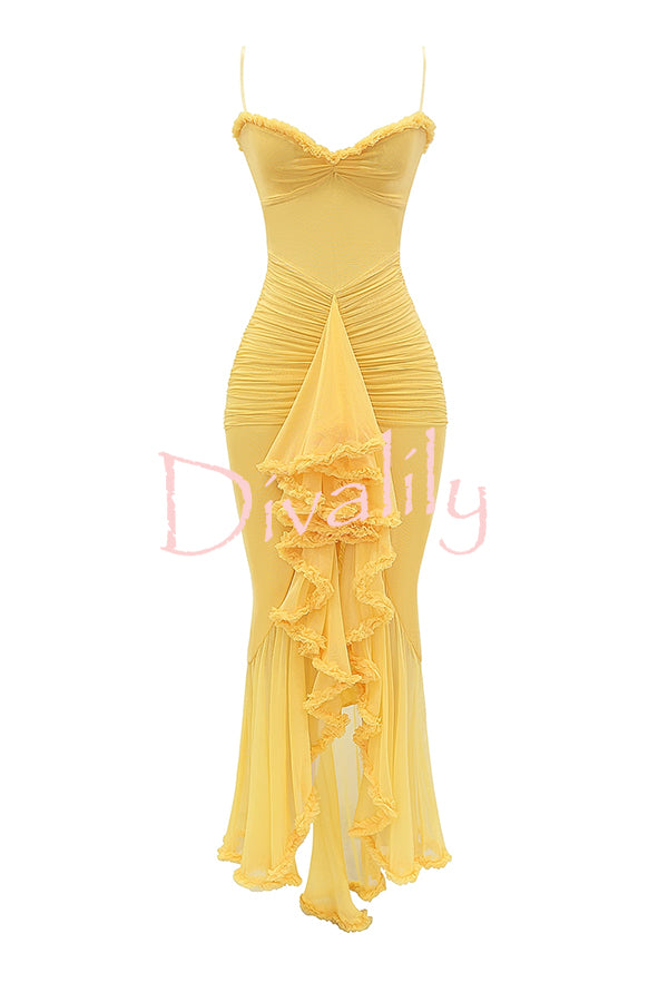 Retro Romantic Style Mesh Ruffle Trim Ruched Slit High Low Maxi Dress