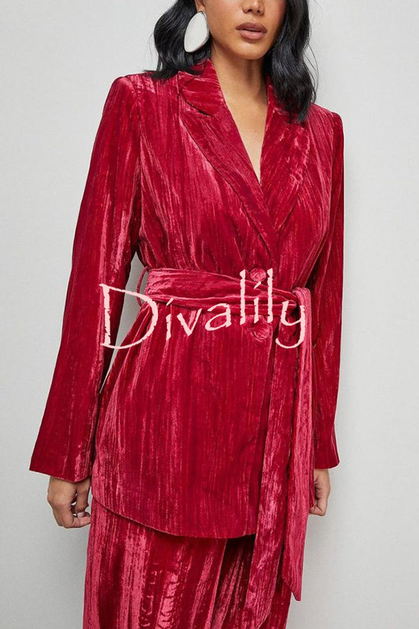 Solid Color Velvet Long-sleeved Waist Tie Top and Elastic Waist Casual Pocket Straight-leg Pants Set
