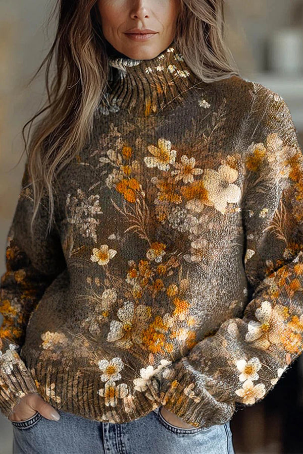 Floral Pattern High-Neck Long-Sleeved Loose Sweatshirt