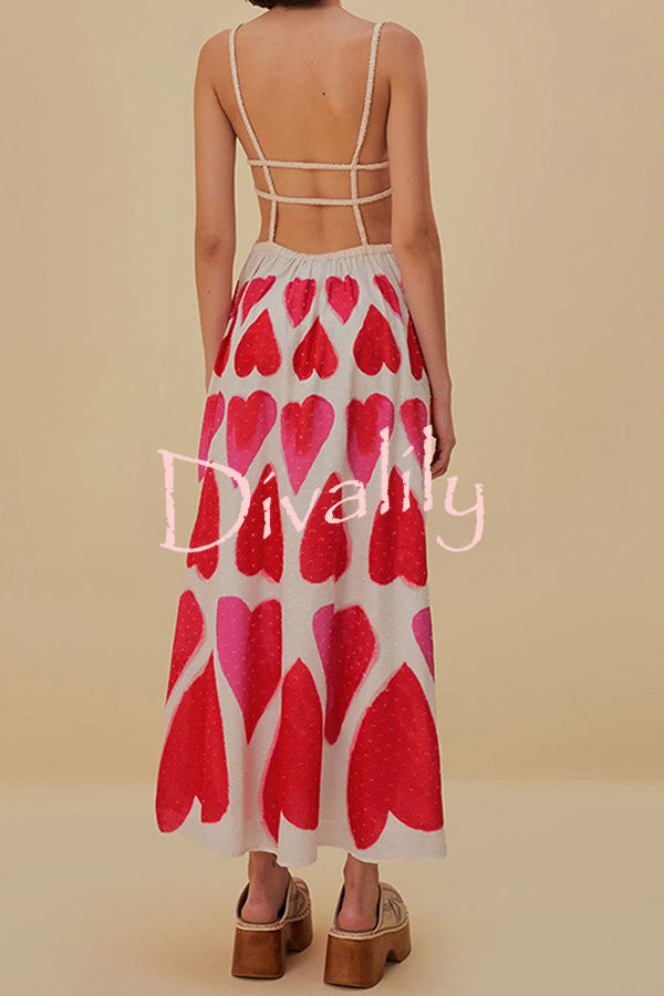 Full of Love Heart Shape Print Cutout Spaghetti Strap Backless Maxi Dress