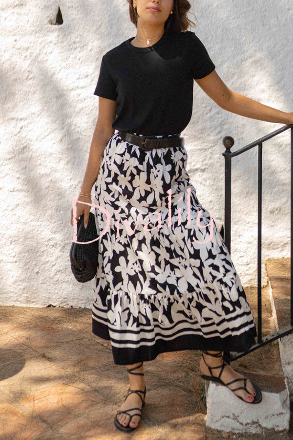 Resort Style Botanical Print Elastic Waist Loose Stitching Midi Skirt