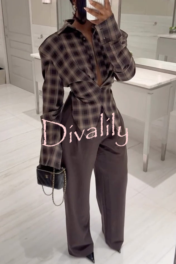 Vintage Plaid Shoulder Pad Buttons Long Sleeve Angled Hem Shirt