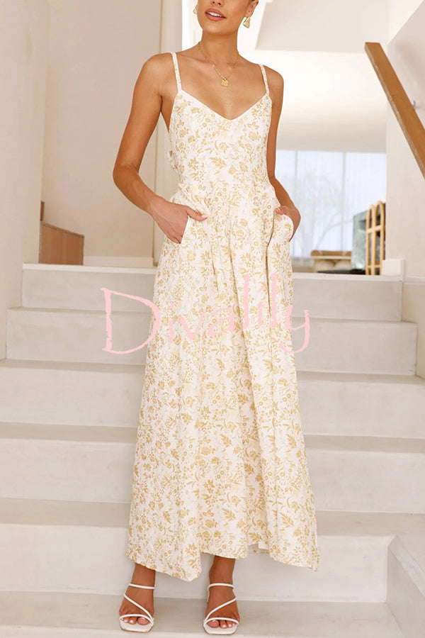 Floral Print V-Neck Sleeveless Back Tie Pocket Maxi Dress