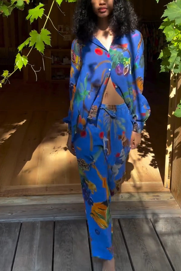 Unique Print Lapel Long Sleeve Loose Shirt and Elastic Waist Pocket Wide Leg Pants Set